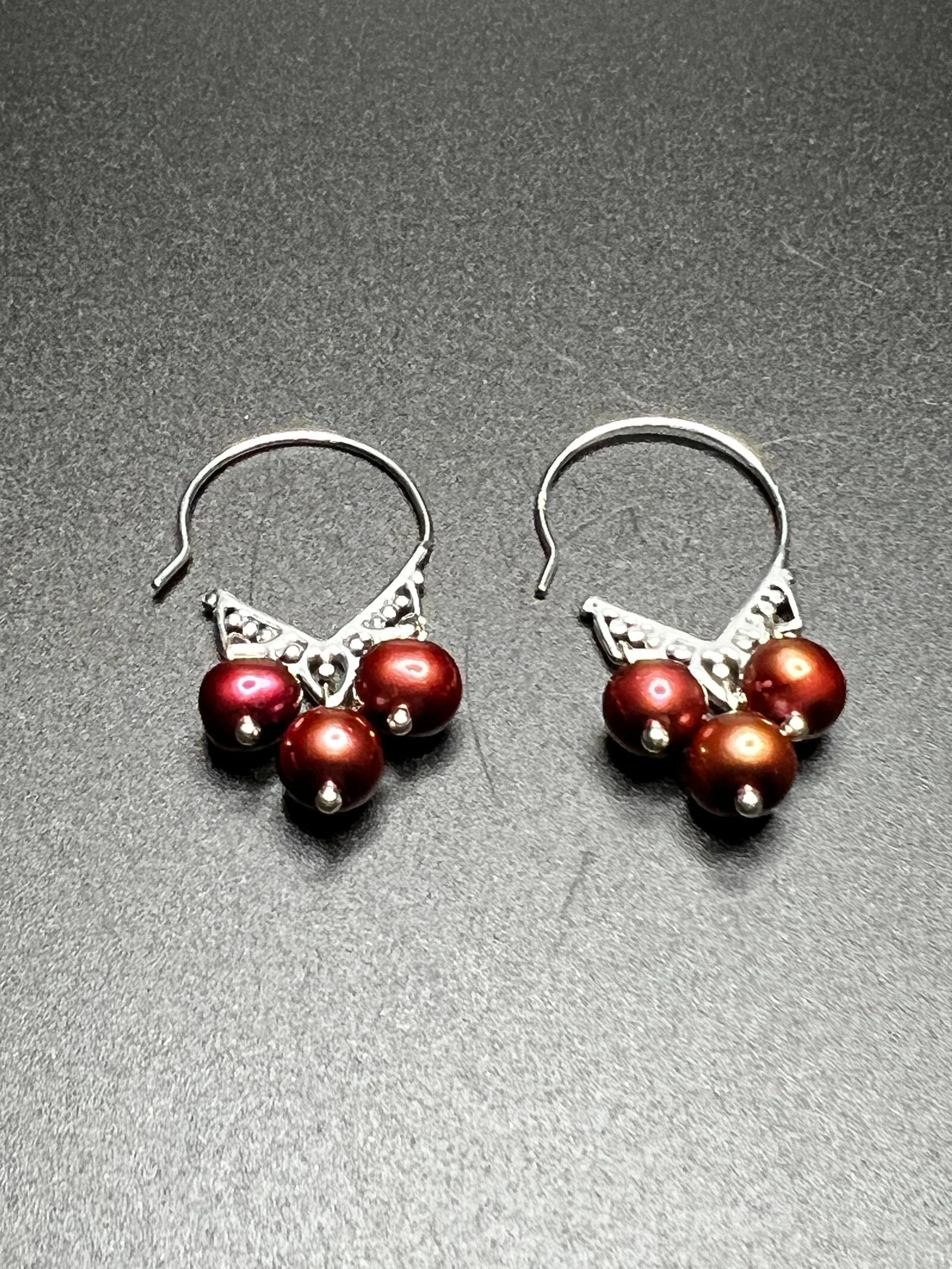 Wine Pearl and Sterling Silver Ornate Hoop Earrings