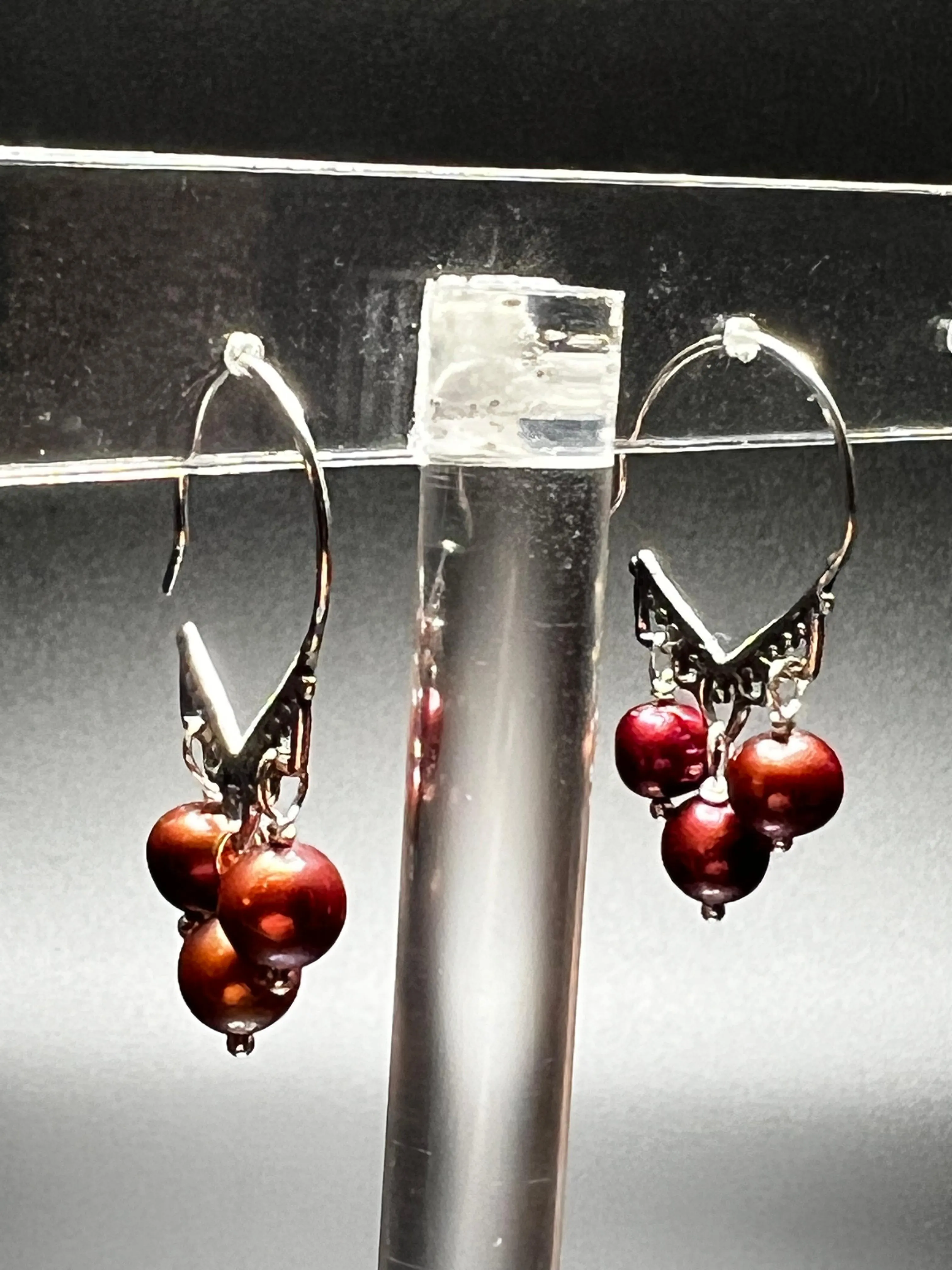 Wine Pearl and Sterling Silver Ornate Hoop Earrings