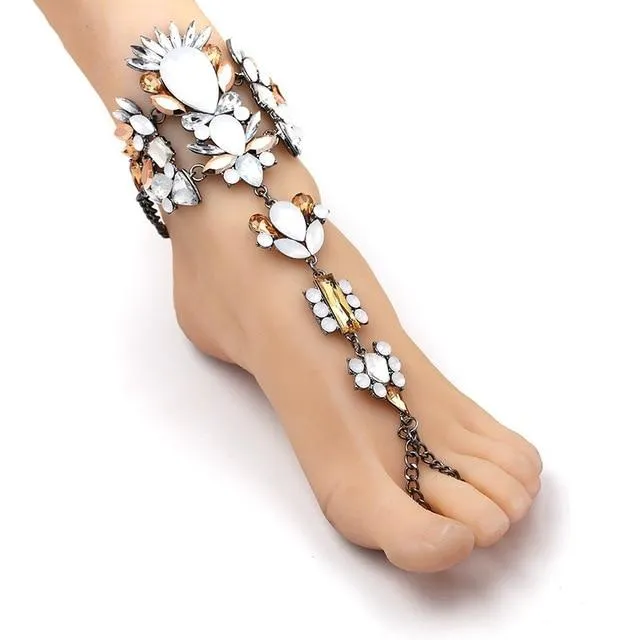 Women boho beach vacation ring toe crystal anklets