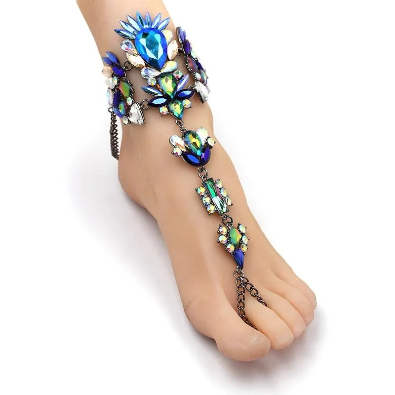 Women boho beach vacation ring toe crystal anklets