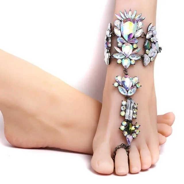 Women boho beach vacation ring toe crystal anklets