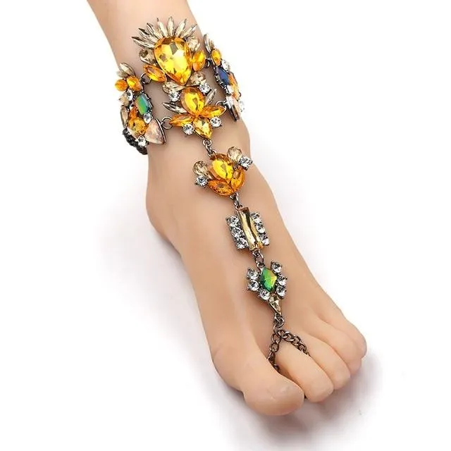 Women boho beach vacation ring toe crystal anklets