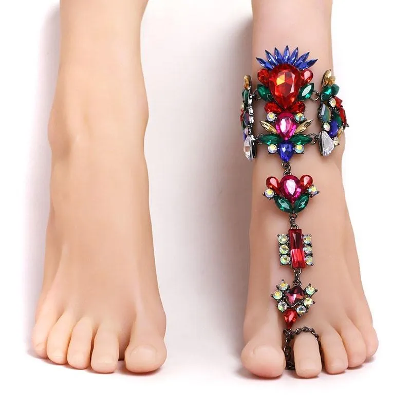 Women boho beach vacation ring toe crystal anklets