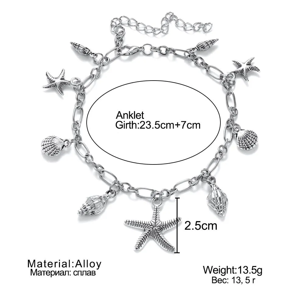 Women boho summer beach silver starfish shell anklets