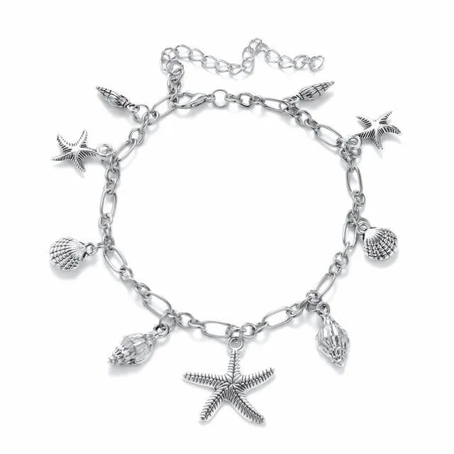 Women boho summer beach silver starfish shell anklets