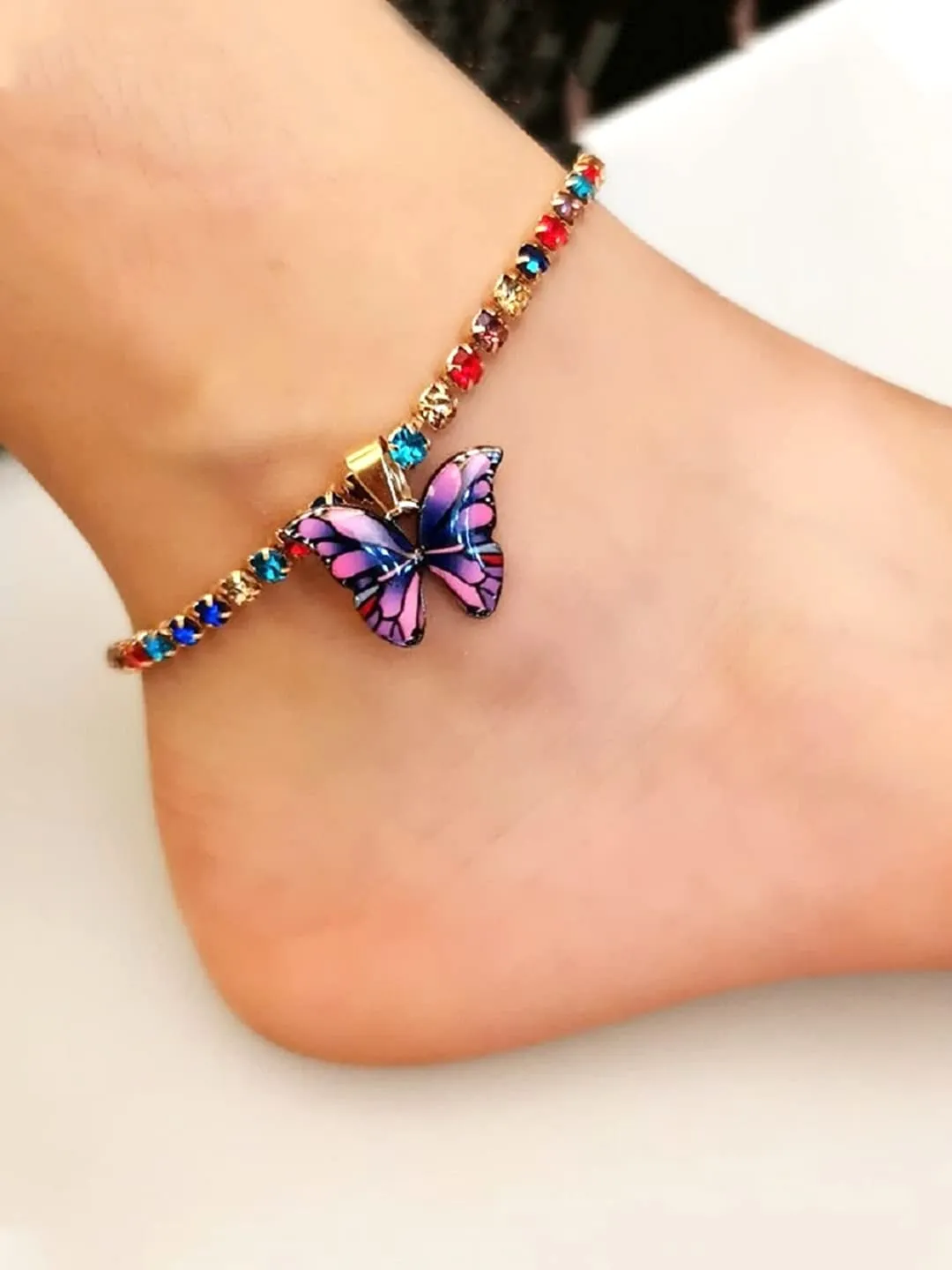 Yellow Chimes Anklets For Women Multicolor Crystal Butterfly Designed Charm Anklet For Women and Girls