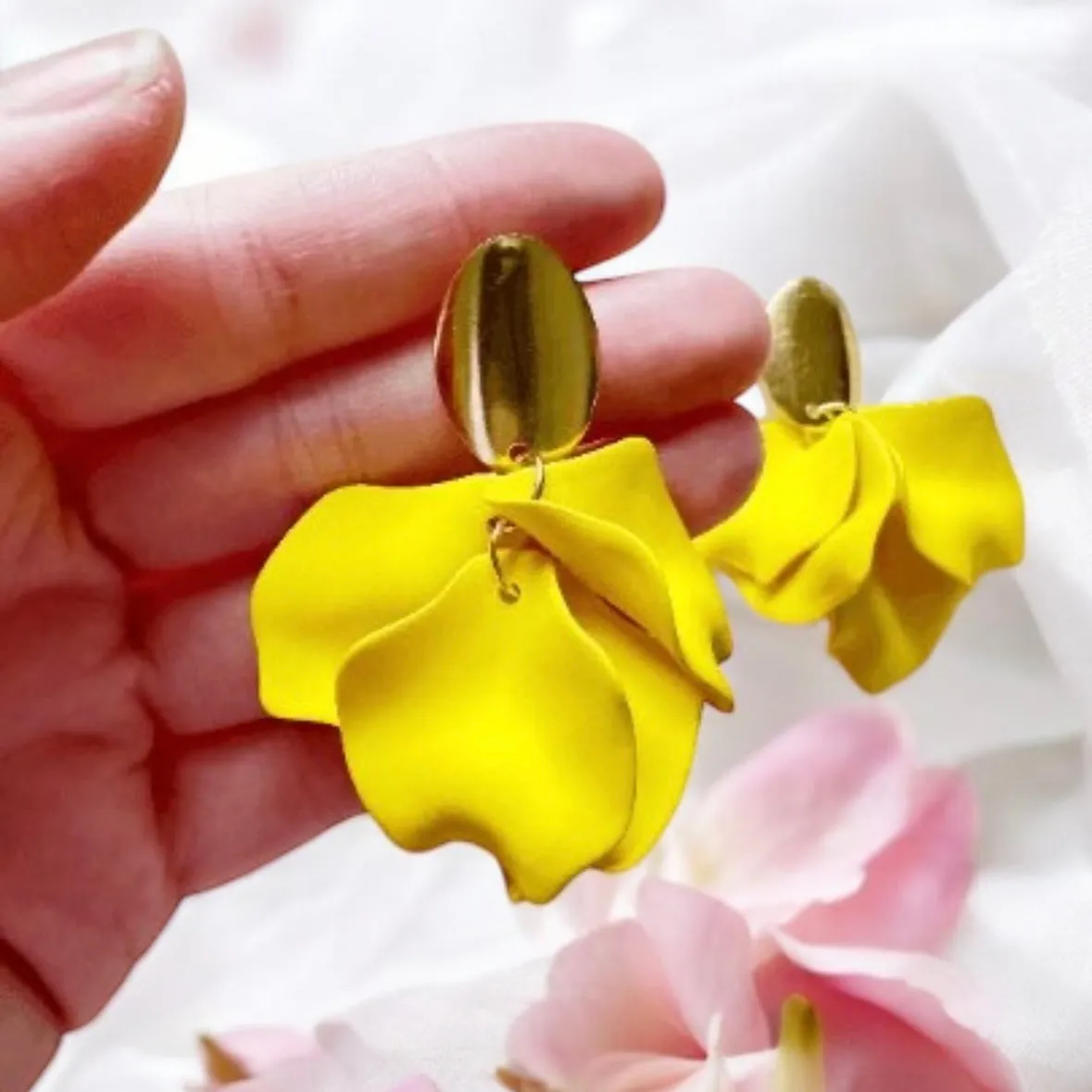 Yellow - flower earrings | matte petals earrings | golden floral unique statement earrings| bridal party wedding earrings